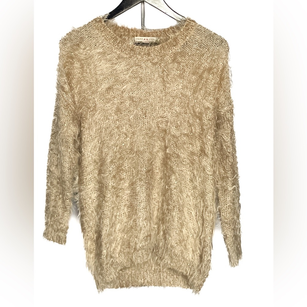 Chelsea & Violet Fuzzy Sweater Taupe Gold Crew Neck Sequin Pullover Women Large